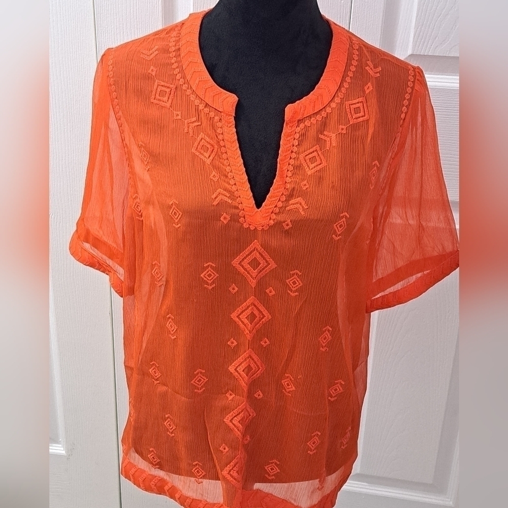 Orange Sheer Blouse With Embroidery Size L